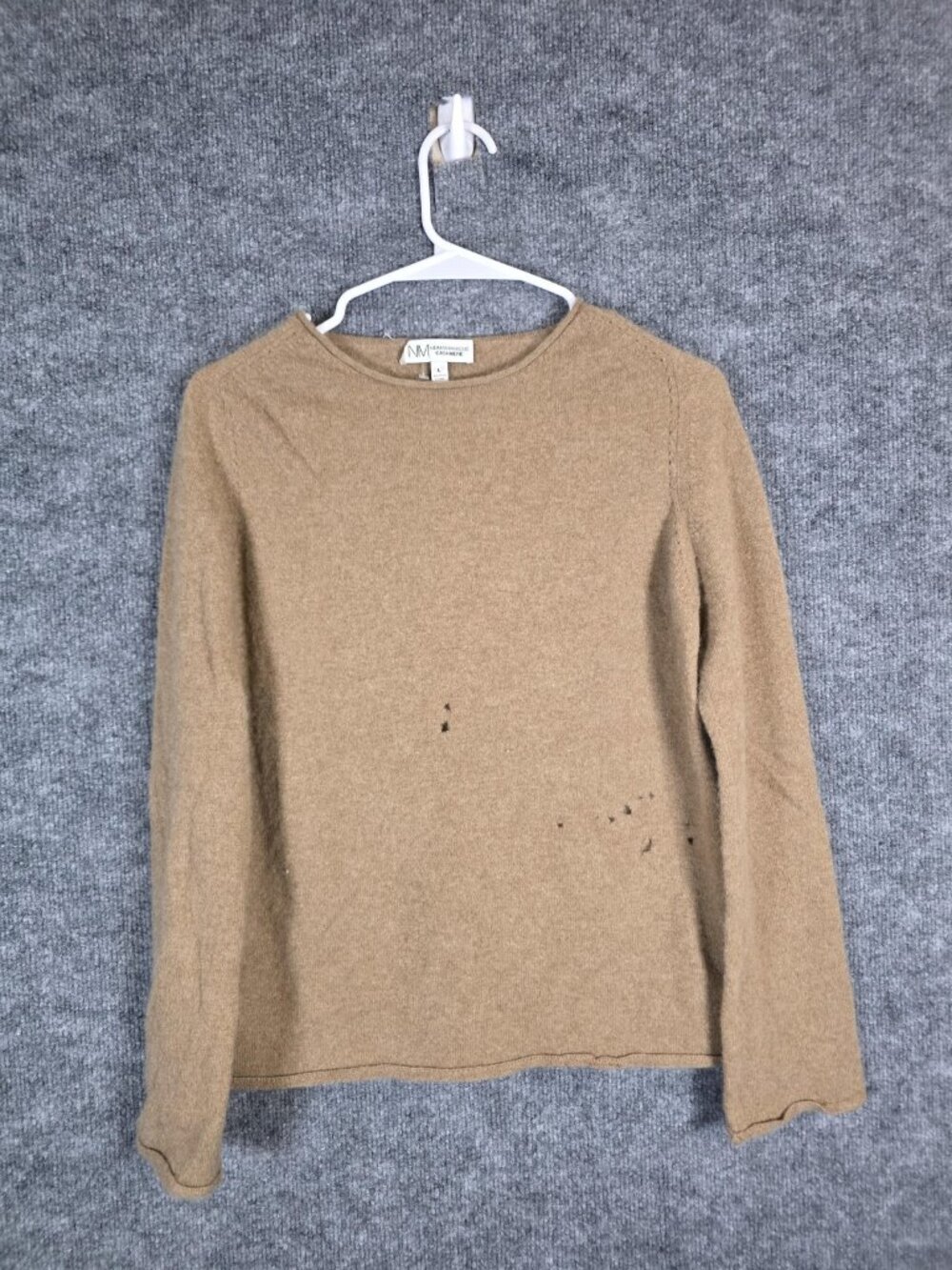 Neiman Marcus Cashmere Sweater Womens L Brown Crewneck Pullover Holes Damaged